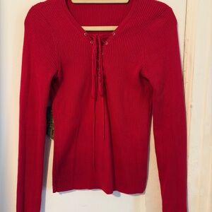 Red Lace-Up Ribbed Long-Sleeve Women's Top
